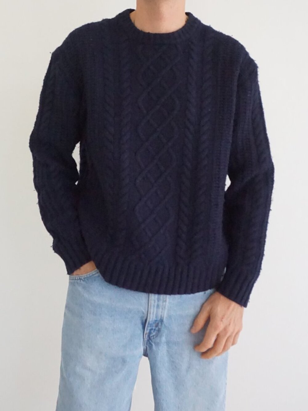 Roots Navy Blue Cable Knit Fisherman Aran Traditional Braided Textured Sweater L